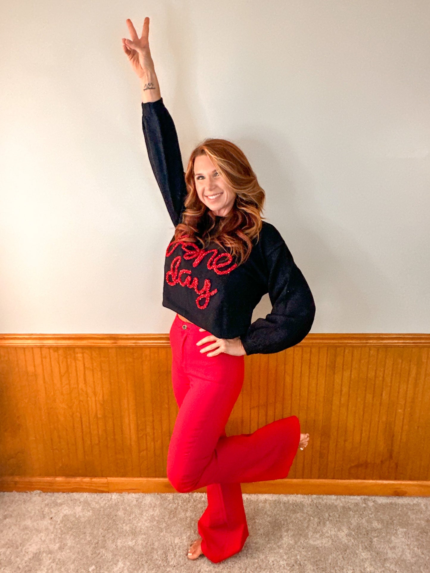 Game Day Metallic-Letter Sweater ( Black & Red)