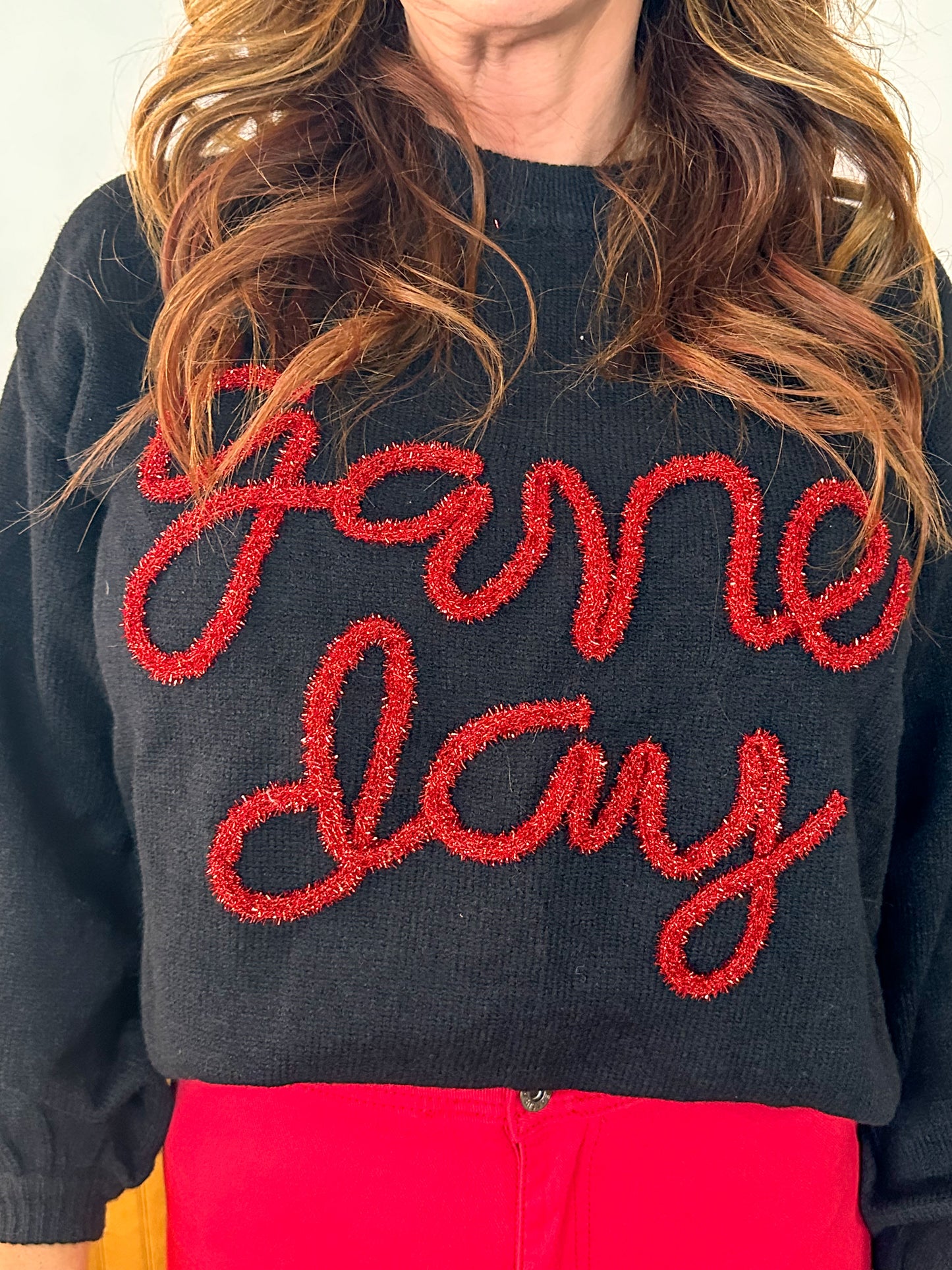 Game Day Metallic-Letter Sweater ( Black & Red)