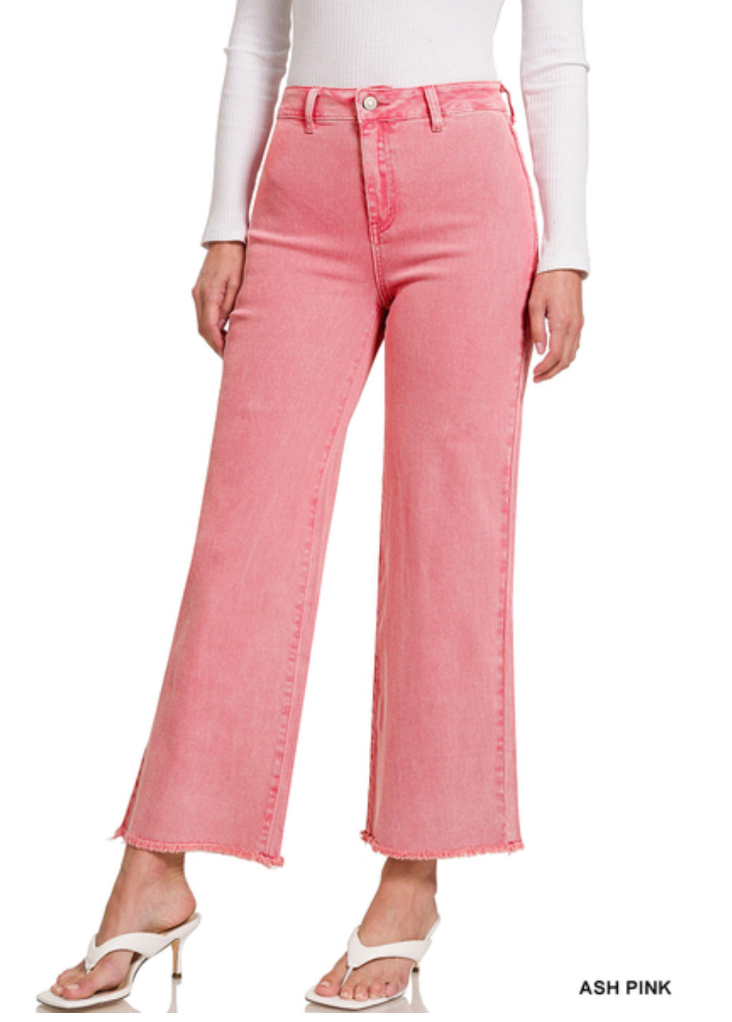 Acid Washed Frayed Cutoff Hem Pants Ash-Pink 
 (Zenana)