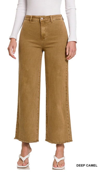 Acid Washed Frayed Cutoff Hem Pants Deep Camel (Zenana)