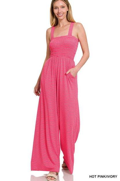 Smocked Top Hot Pink Jumpsuit Hot Pink/ Ivory Zenana