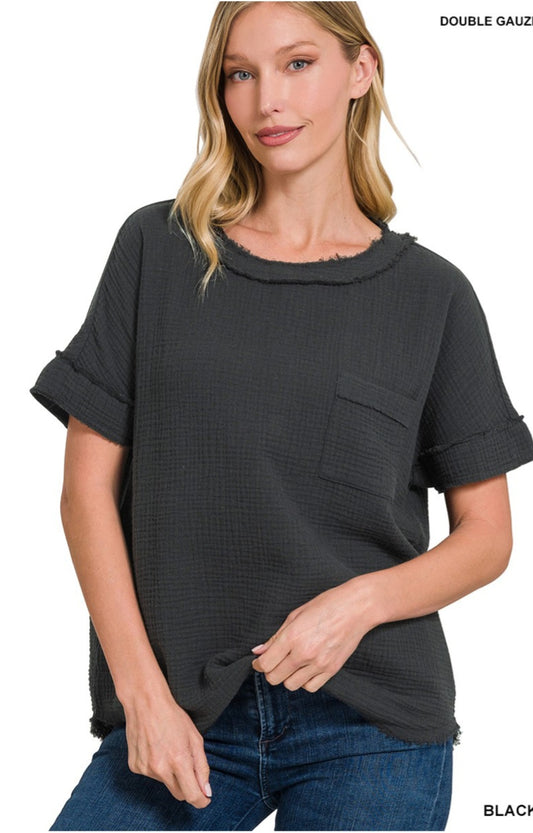 Black Double Gauze Boat Neck Top (Zenana)