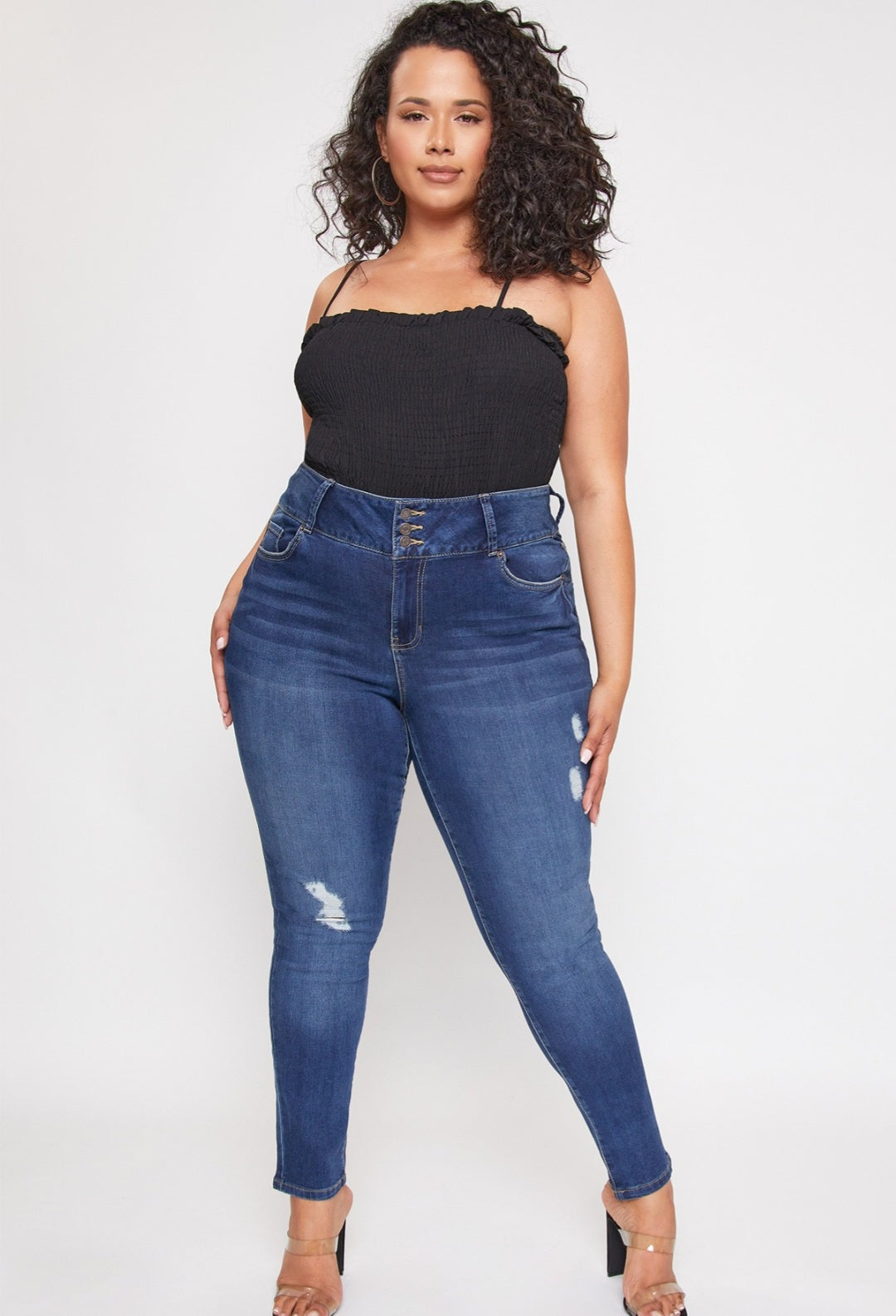 3-Button, High-Rise Skinny Jeans (Plus) YMI