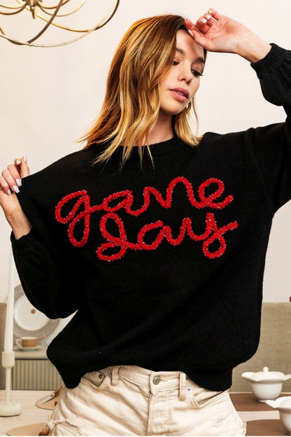 Game Day Metallic-Letter Sweater ( Black & Red)