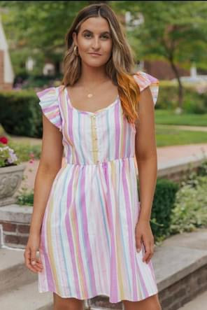 Striped Ruffle-Sleeved Dress