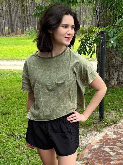 Acid Wash Raw Edge Short Sleeve Crop Top Olive Green (Zenana)